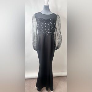 Formal Round Neck Long Sleeve Waist Trimming Mesh Fishtail Maxi Dress‎ size L